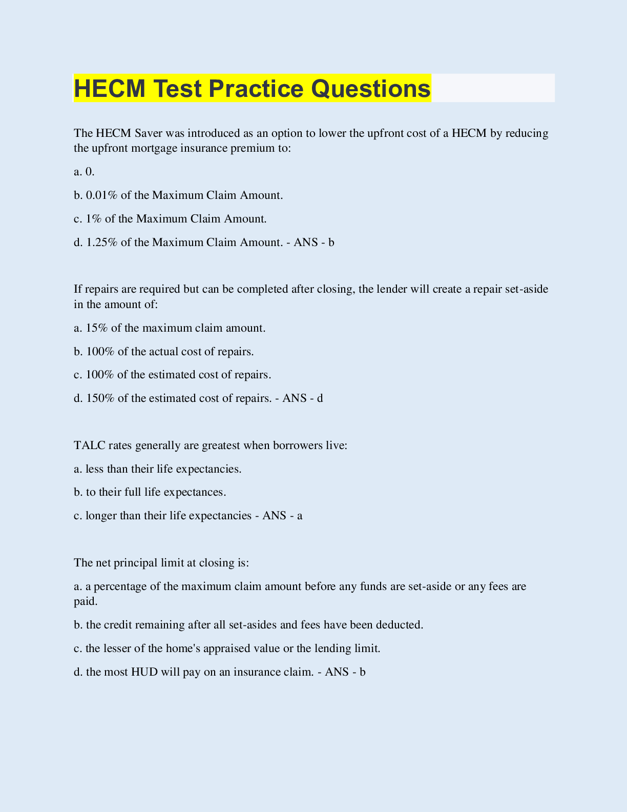 Preview image for HECM Test Practice Questions | 130 Questions with 100% Correct Answers | Updated & Verified | 25 Pages